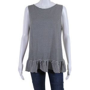 Farella Womens Striped Print Round Neck Ruffled Peplum Hem Blouse White Size M